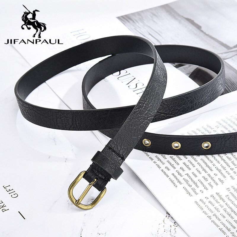 JIFANPAUL  Genuine leather ladies fashion elegant pattern thin belt high quality matching student jeans alloy pin buckle belt