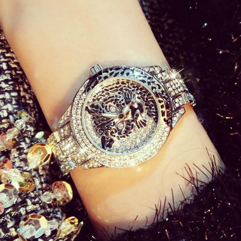 BS Neue Diamant Frauen Uhr Strass Uhr Leopard Druck Mädchen reloj mujer Luxus Edelstahl Gold Damen Handgelenk Uhren