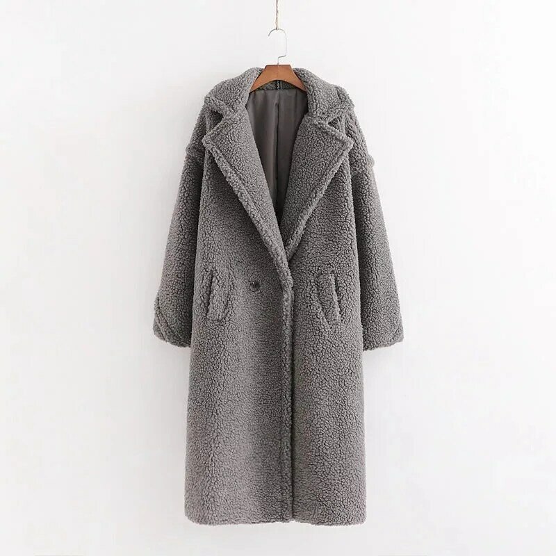 Faux Lamb Wool Warm Winter Coat Women Long Jackets Solid Turn-down Collar Single Breasted Pockets 2020 New Korean Loose Elegant