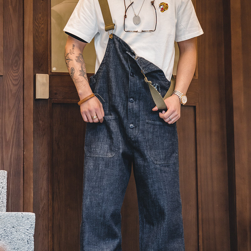 Macacão jeans vintage para homens, calças de trabalho de carga, baggy bib, calças jeans contrastantes