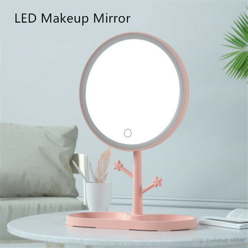 Rosa maquillaje LED espejo con maquillaje ligero lámpara de escritorio espejo giratorio espejos cosméticos de carga USB Dropshipping. Exclusivo. 20