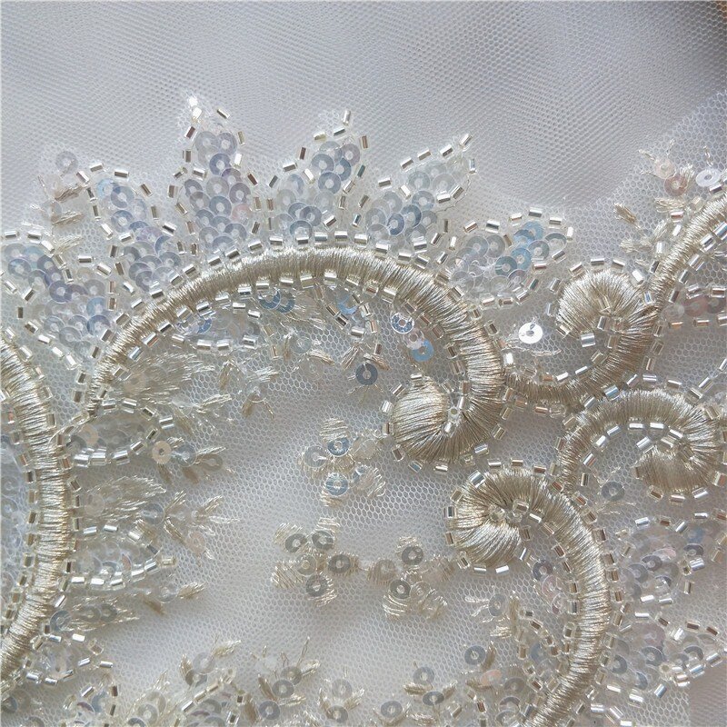 Novo high-end prata-branco frisado lantejoulas europeu vestido de casamento saia de volta diy material de renda flor applique