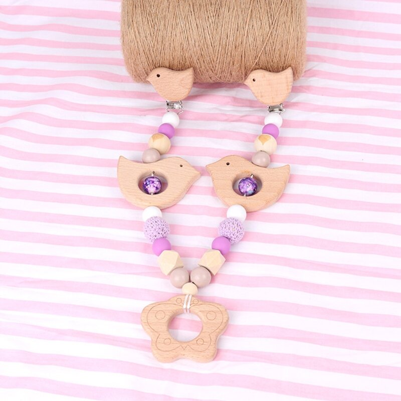 Baby Pacifier Clip Silicone Beads Wooden Baby Teether Pacifier Chain Clip Play Gym Pram Pendant Rattle Nipple Holder Baby Toys