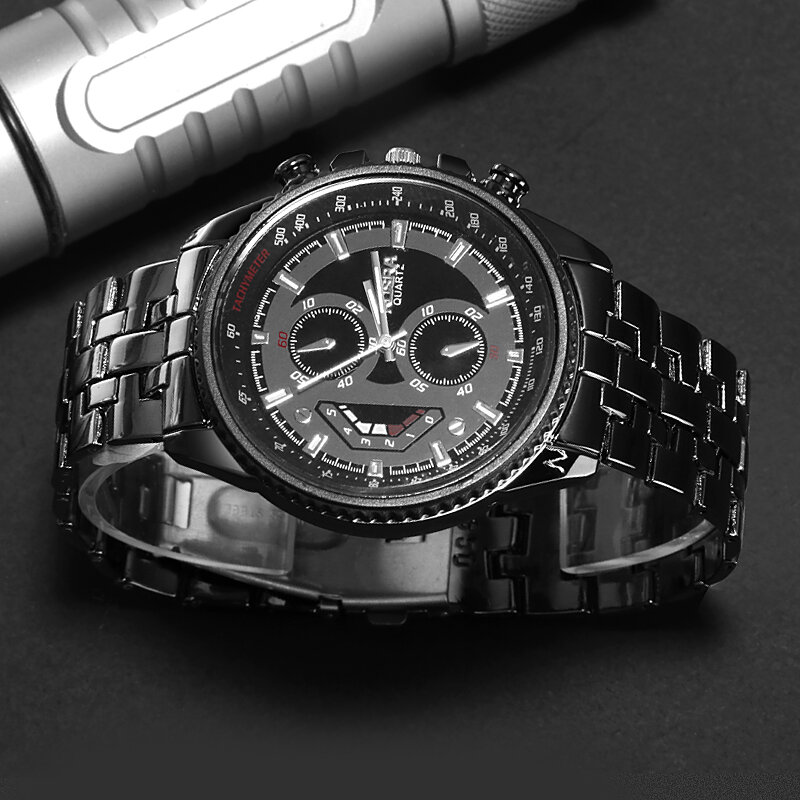 ROSRA-relojes deportivos de acero inoxidable para hombre, cronógrafo de pulsera militar informal, color negro