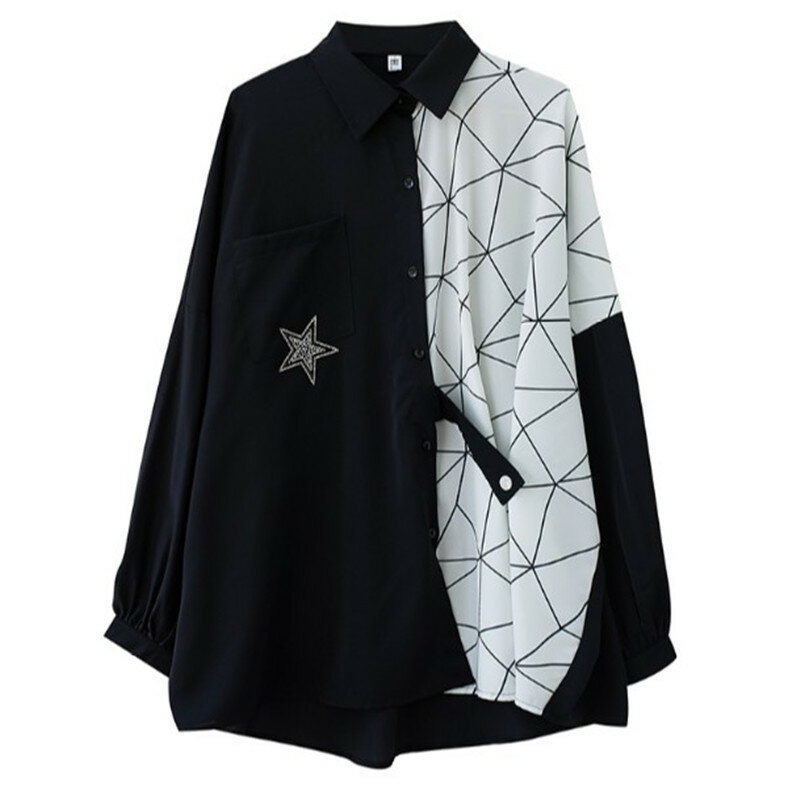 Autumn 2020 New Women's Loose-Fitting Large-Size Blouse For Women's Belly Printed And Stitched Shirt To Show Slimming Long Sleev