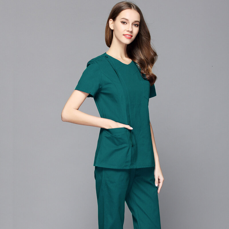 Novo estilo de moda feminina esfrega superior médico enfermeira uniforme lateral abertura camisa frontal com zíper escondido cirurgia esfrega (apenas um topo)
