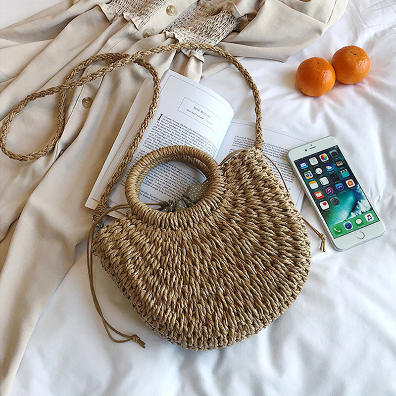 Пляжная плетеная Сумка ручной работы, круглая соломенная сумочка-тоут в богемном стиле, Роскошный дизайнерский плетеный мешок