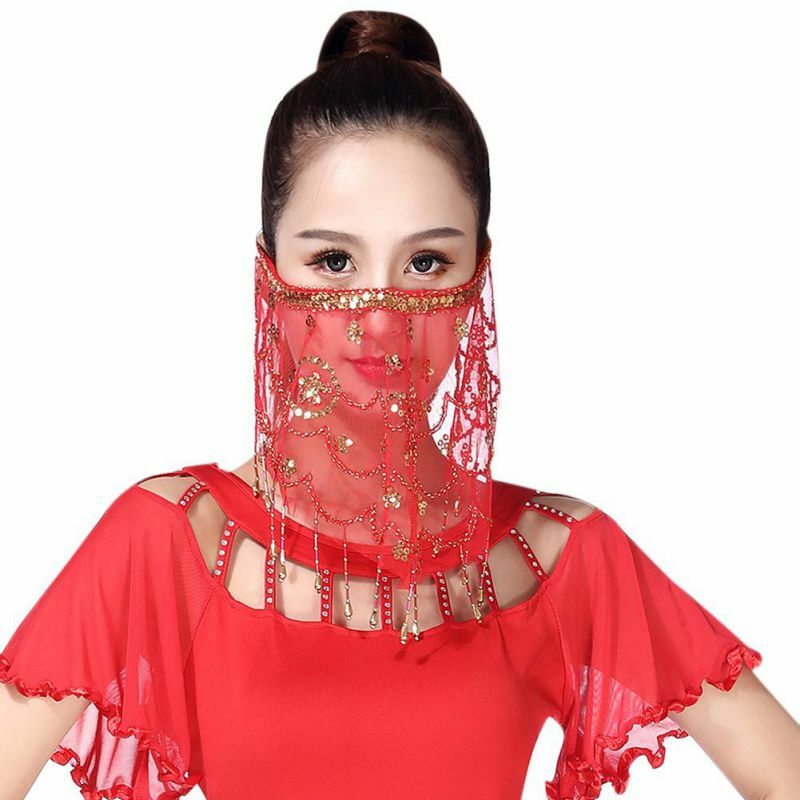 Women's Belly Dance Tribal Face Veil With Halloween Costume Accessory With Sequins Face Lace Veil Shining Dance accessories