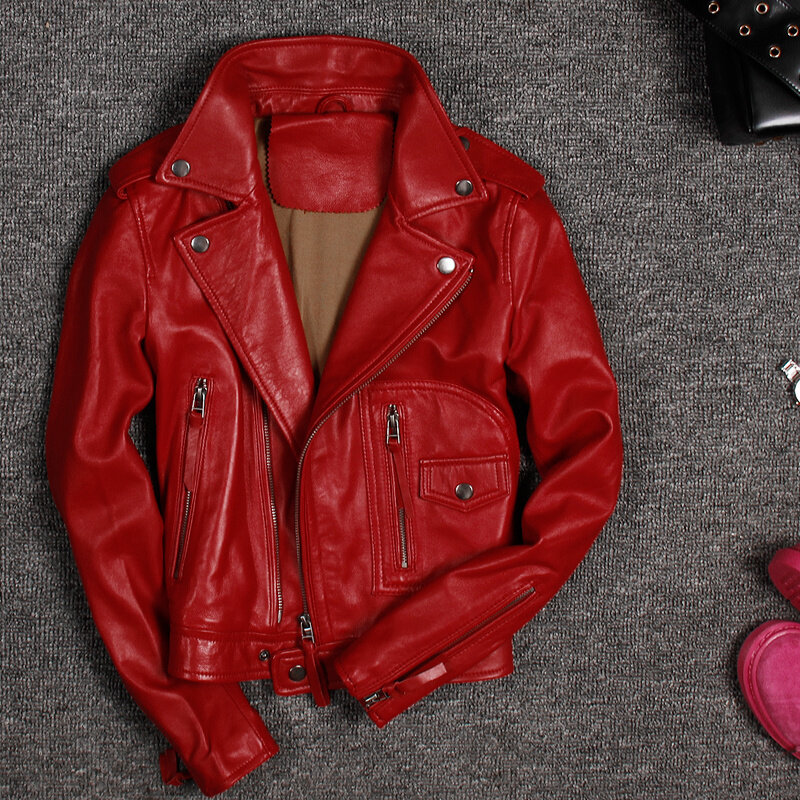 Крутая Женская куртка из натуральной кожи, мотоциклетная байкерская куртка из овечьей кожи, облегающая женская верхняя одежда черного и красного цвета