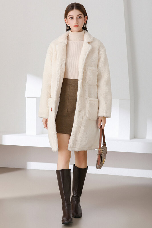 Manteau en laine d'agneau beige grande taille pour femme, mi-long, ample, rembourré, chaud, en coton, nouvelle collection hiver 2020