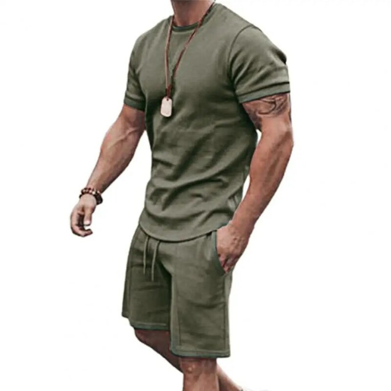 Stylish Casual Tracksuit Male Solid Color Breathable O Neck Drawstring Men Loose Short Sleeve T-shirt Pocket Shorts for Fitness