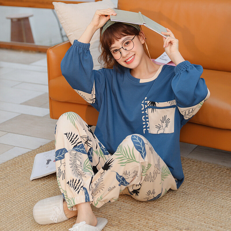 Katun Piyama Set Lucu Kartun Homewear Wanita Baju Tidur Pakaian Lounge Memakai Musim Gugur Lengan Panjang Wanita Piyama Set Baju Tidur