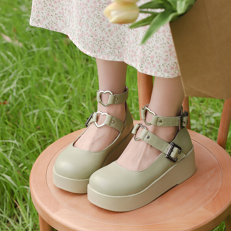 Женская обувь на плоской подошве; Loli; Милые туфли-лодочки в стиле Лолиты; Милые женские туфли на платформе с круглым носком и толстым каблуко...