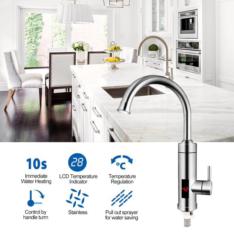 TINTON LIFE Stainless Steel Electric Water Heater Temperature Display Kitchen Tankless Instant Hot Water Faucet 3000W