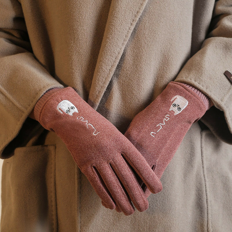 Женские зимние теплые бархатные Утепленные перчатки с вышивкой в виде мультяшного кота