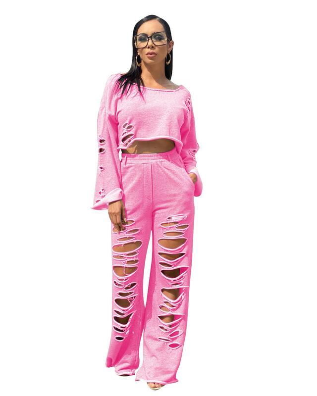 Adogirl Hole Hollow Out Women Set Long Sleeve Tops Ripped Flared Pants Two Pieces Set Cotton Solid Tracksuits Fitness Outfits