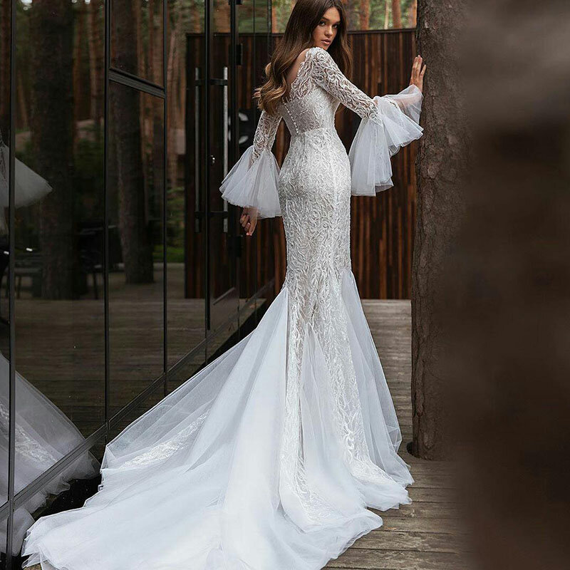 Flare Long Sleeves Mermaid Wedding Dress Women V Neck Tulle Lace Applique Tulle Bridal Gowns Boho Custom Made Vestidos De Novia