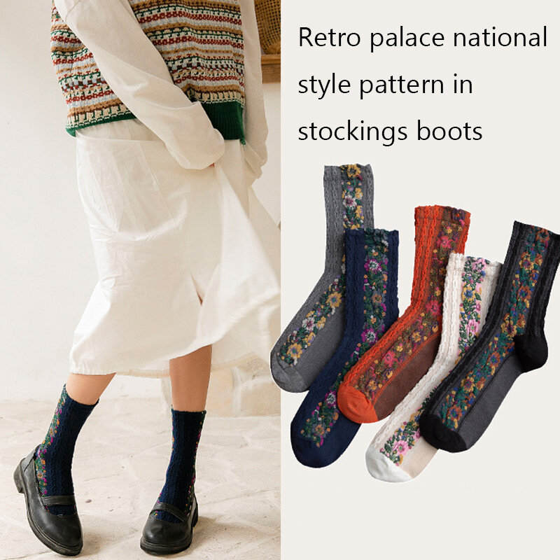 Calcetines de algodón con estampado de flores para mujer, medias cálidas y bonitas a la moda, para otoño e invierno, novedad de 2019