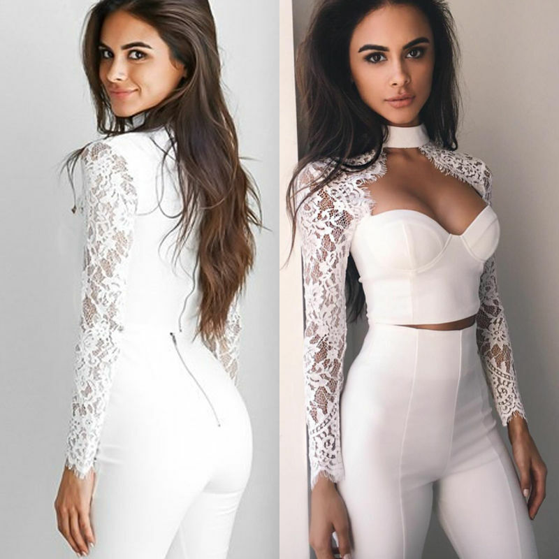 Summer Fashion Women Sexy Cutout Long Sleeve Lace Shirt Tops Blouse  Crop Tops White Black Women's Clothing