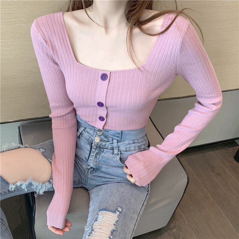 Office Ladies Sweater Kintting Solid Color Square Neck Short Regular Long-sleeved Button Soft Cotton Pullover Cute Shirt Tops
