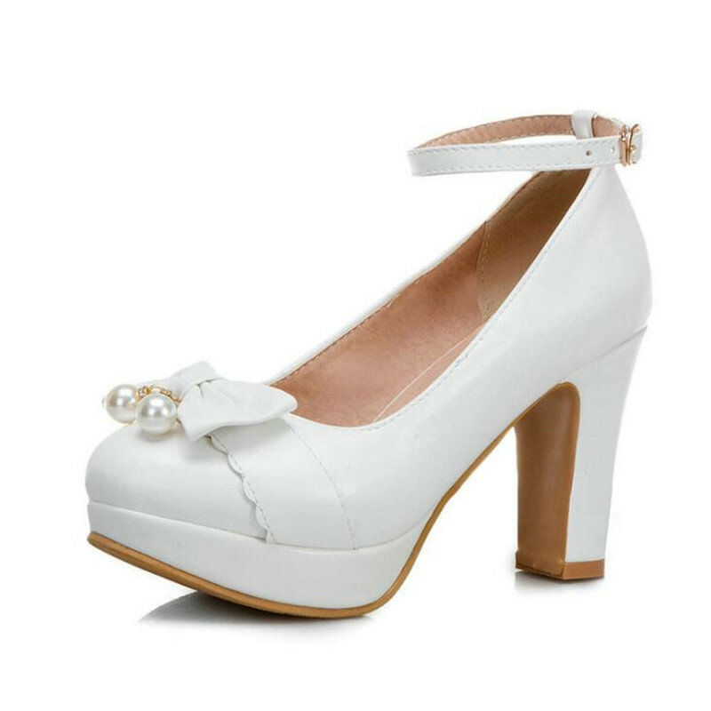 النساء الحلو القوس 8 سنتيمتر أحذية عالية الكعب ماري جينس مضخات منصة أحذية عمل فستان نسائي أحذية الزفاف حجم كبير 33-43