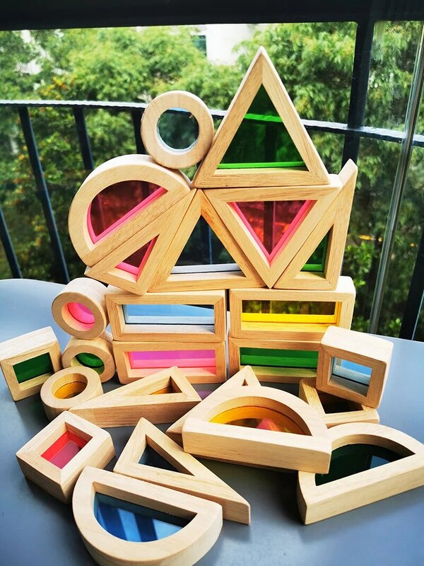 Kids Montessori Wooden Toy Sensory Rainbow Mirror Blocks Solid Rubber Wood Stacking Acrylic Building Stacker Educational Play