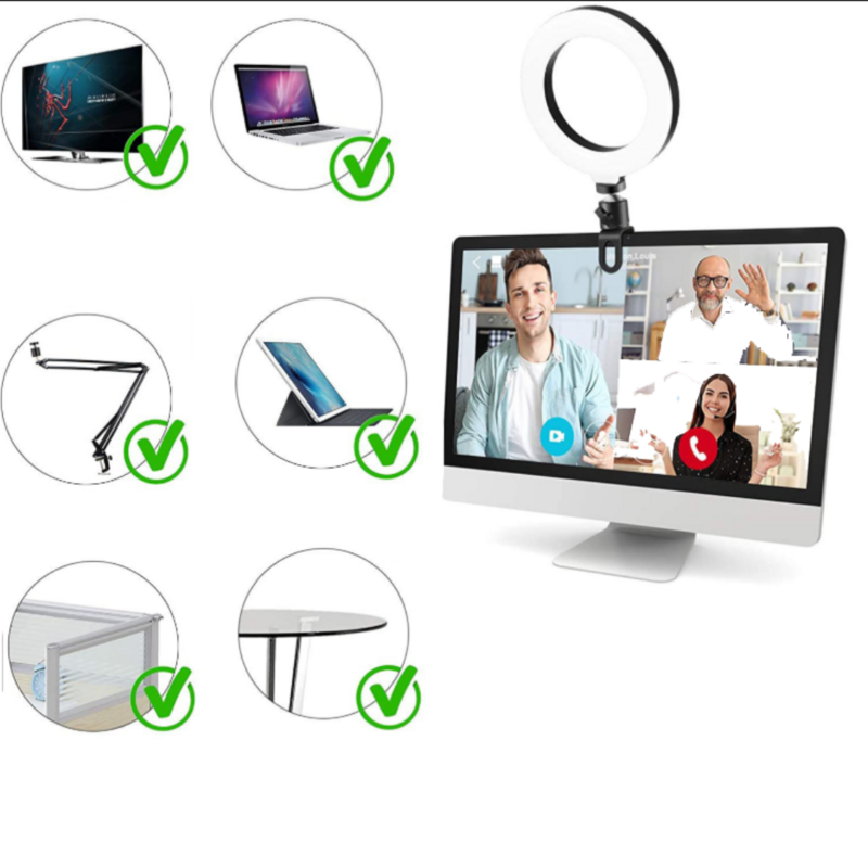 Kit de iluminación para videoconferencia, Clip de anillo en Monitor de portátil con 5 colores regulables y 5 niveles de brillo