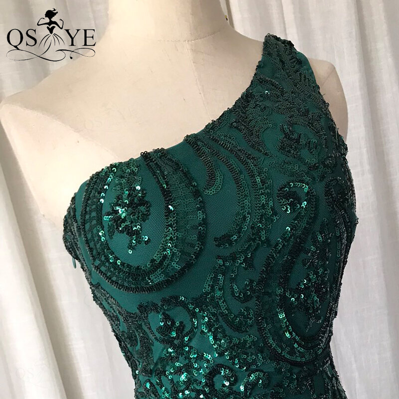 หนึ่งไหล่ Emerald ชุดราตรีสีเขียวยาว Sequined Mermaid ชุดราตรี Glitter ชุดรูปแบบลูกไม้อย่างเป็นทางการ