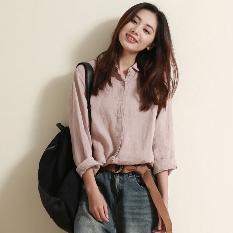 Blusa holgada informal de lino y algodón para mujer, camisa de manga larga, ropa coreana, primavera y otoño, S377