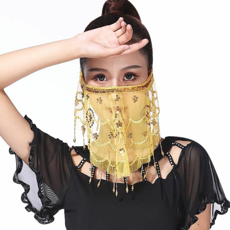 Women's Belly Dance Tribal Face Veil With Halloween Costume Accessory With Sequins Face Lace Veil Shining Dance accessories
