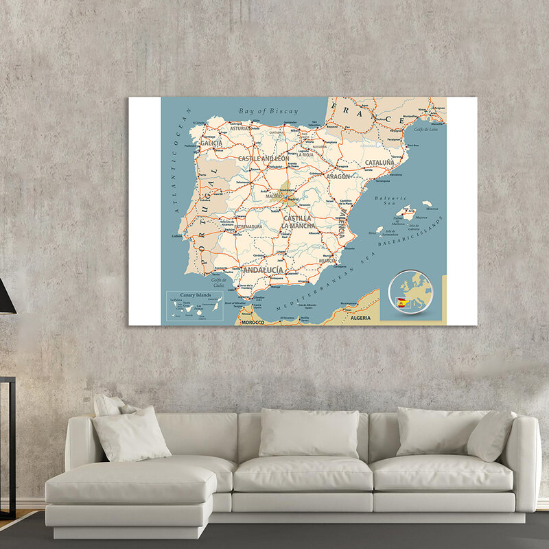 150*100 см карта дорожной сети Испании, настенный художественный плакат, нетканый холст, живопись, школьные принадлежности, украшение для дома