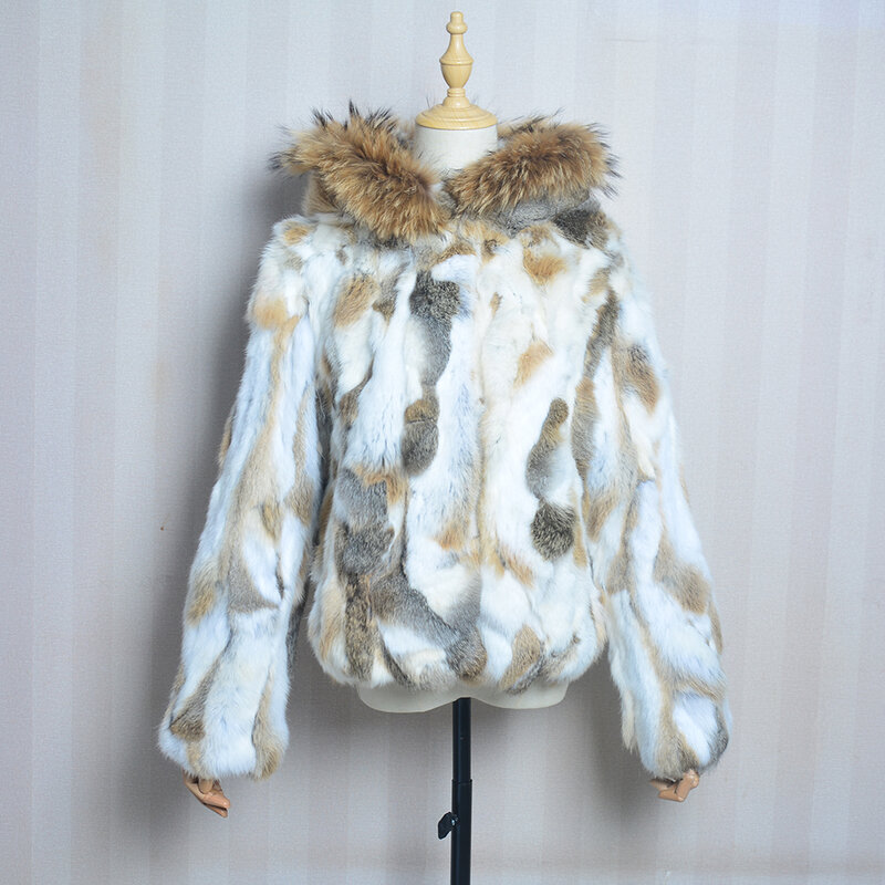 SKWHL – manteau de luxe en vraie fourrure de lapin pour femme, veste chaude, couleur naturelle, pour l'hiver