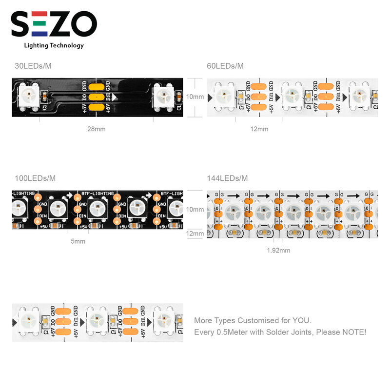 WS2812B bande Led WS2812 RGB adressable individuellement bande lumineuse Led intelligente noir blanc PCB IP30/65/67 étanche 0.3W/LED DC5V