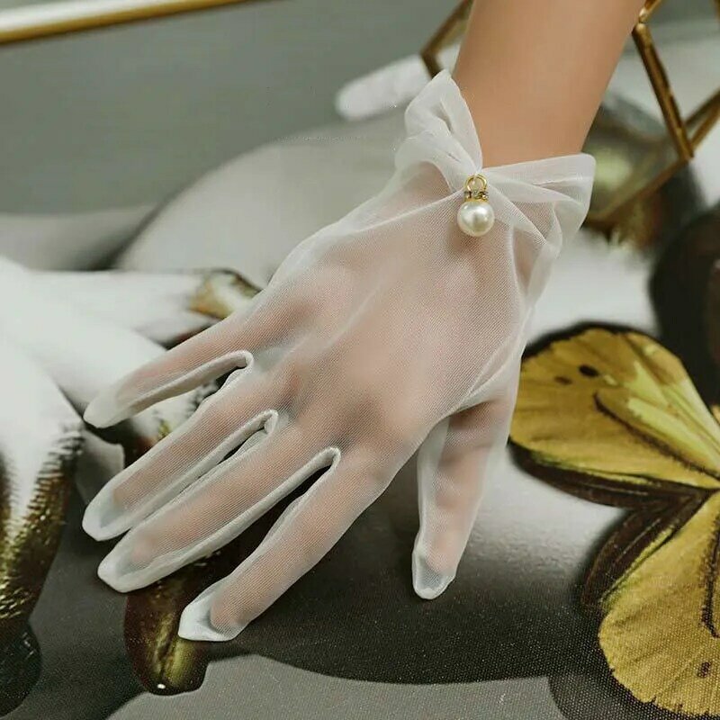 White Bride Dress Gloves Mesh Bow Pearl Short Lace Gloves Wedding Accessories Party Prom Cosplay Performance Women Bridal Gloves
