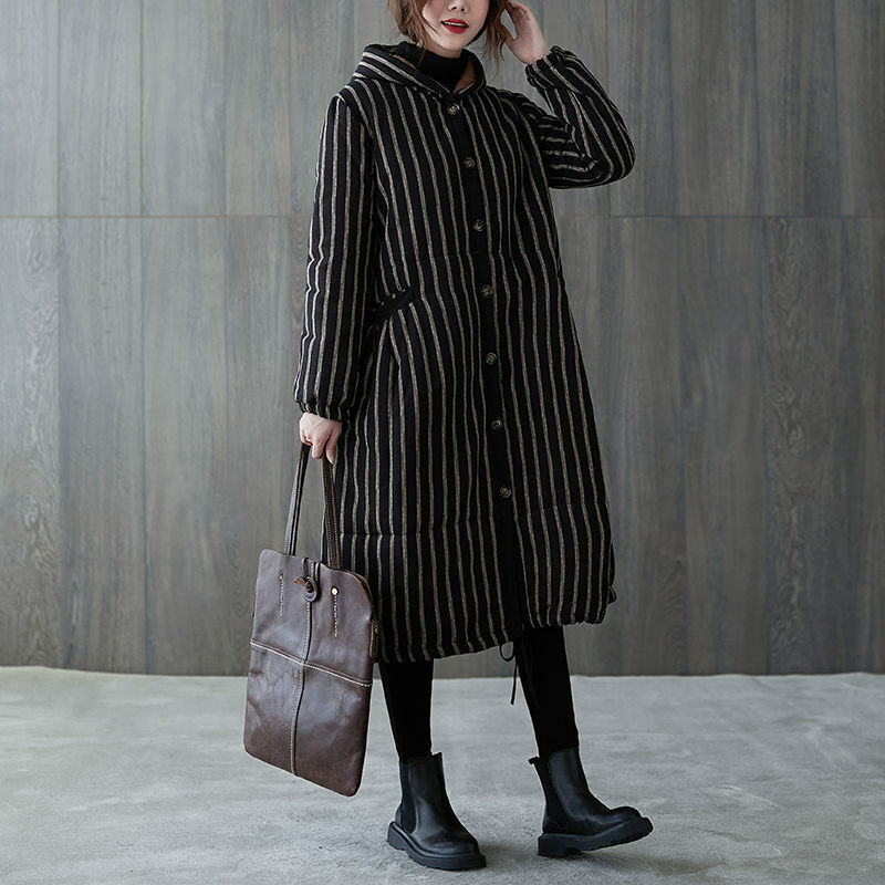 Jaqueta feminina acolchoada de algodão listrado preto, parkas longas, casacos de inverno, roupas retrô, sobretudos, moda nova, e547, 2024