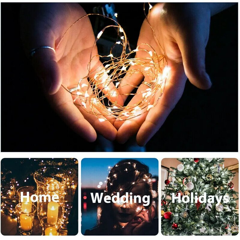 Guirlande lumineuse féerique à lumière LED alimentée par batterie, étanche, en fil de cuivre, pour mariage, noël, fête, décoration de chambre à coucher