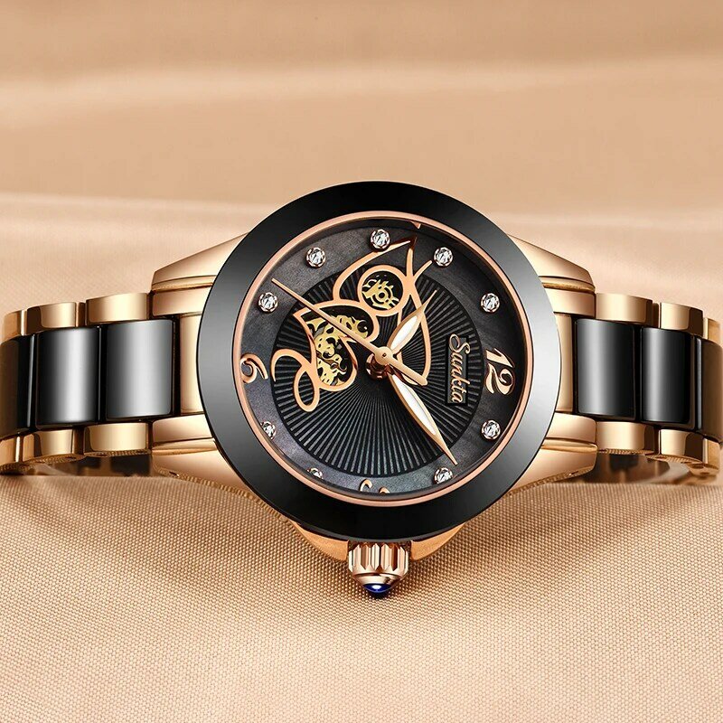 Часы наручные SUNKTA женские кварцевые с керамическим ремешком, брендовые Роскошные водонепроницаемые, со стразами, черные, подарок