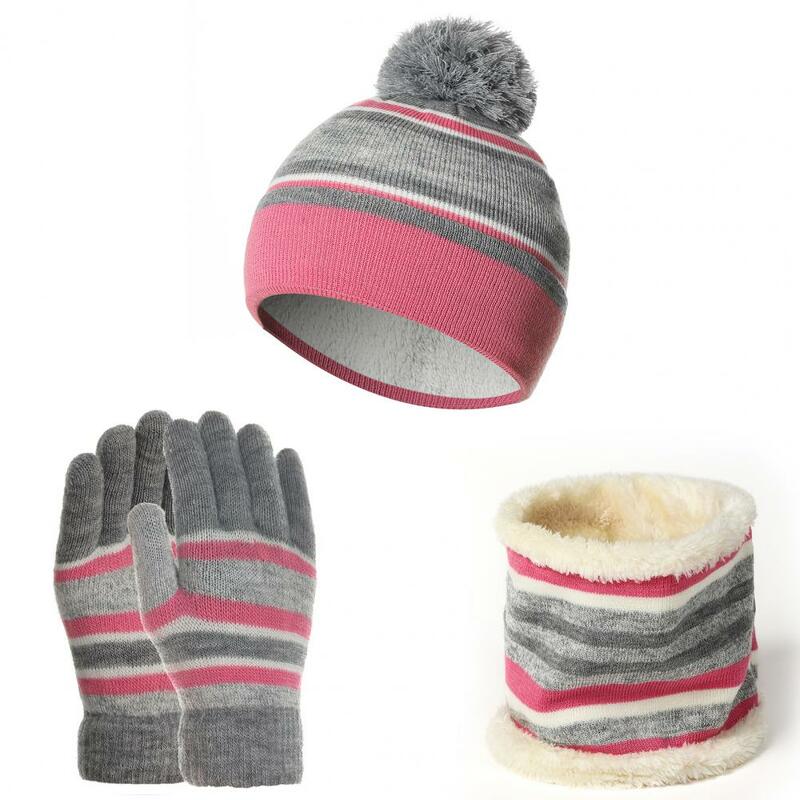 Conjunto infantil de inverno, chapéu de pompom de malha com pompom, cachecol e luvas, quente, feminino, malha com letras, bonés, 2020