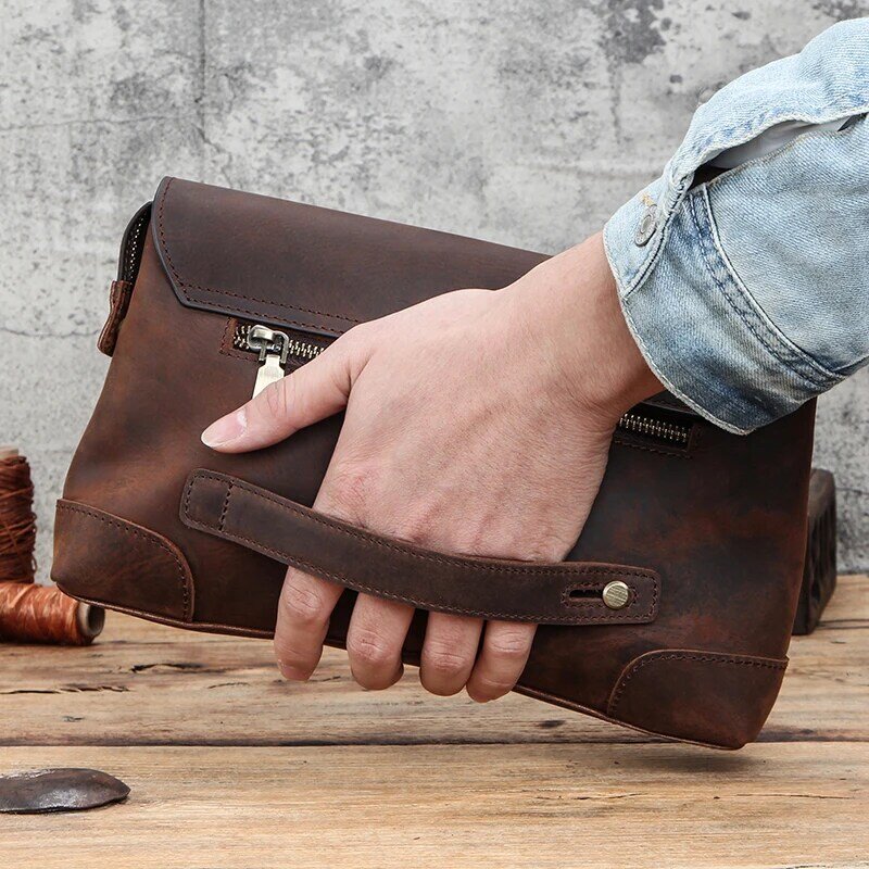 CONTACT'S Men Clutch Bags Large Capacity Men Wallets Crazy Horse Leather Long Purse Male Multifunction Wallet Passport Cover