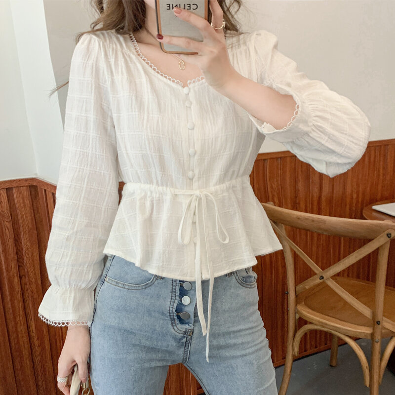 2021 Spring White Shirt Round Neck Flared Sleeve Cotton Blouse with Belt Button Short Style Ruffled Top Womens Tops and Blouses