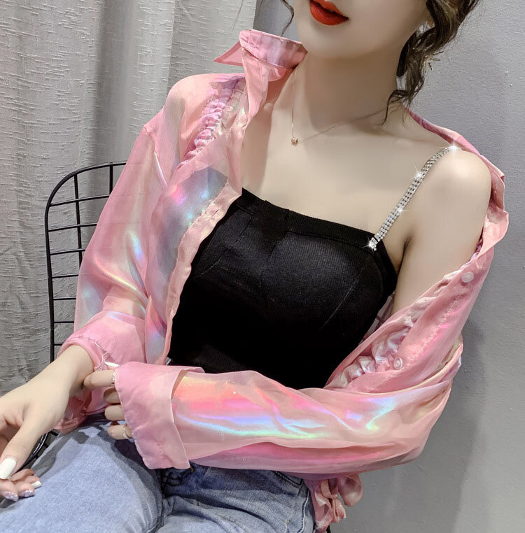 Summer Sunscreen Shirt Colorful Chiffon Shirt Long Sleeve Bright Color Loose Sunscreen Women Blouses Reflective Solid Color Top