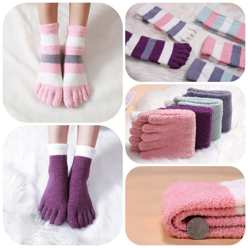 Women's Thick Five Finger Socks Winter Warm Coral Fleece Fluffy Toe Socks Striped Soft Cozy Hosiery Girls Female Floor Slippers