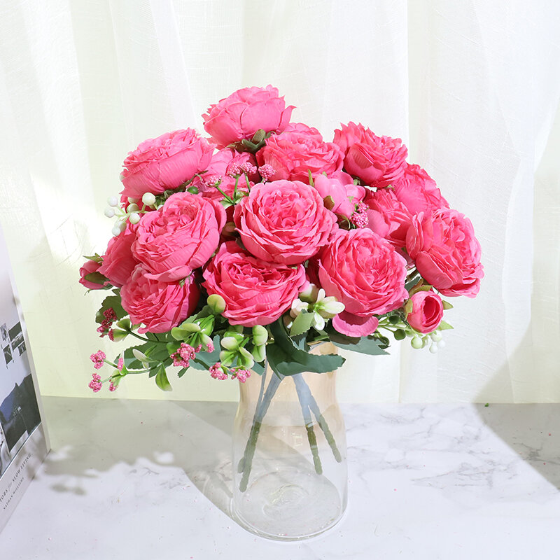 Bela peônia rosa flores de seda artificiais, pequeno buquê branco, festa em casa, inverno, decoração do casamento, flores falsas, best-seller