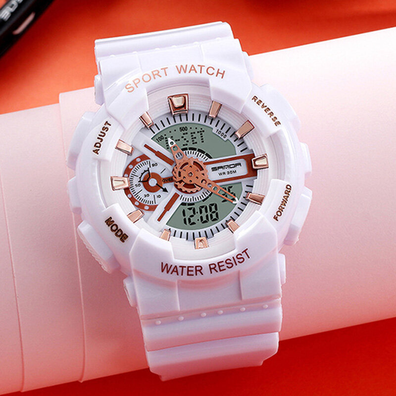SANDA jam tangan olahraga wanita, emas mawar putih mode LED Digital jam tangan wanita montre homme Relogio Feminino dourado 2023 baru