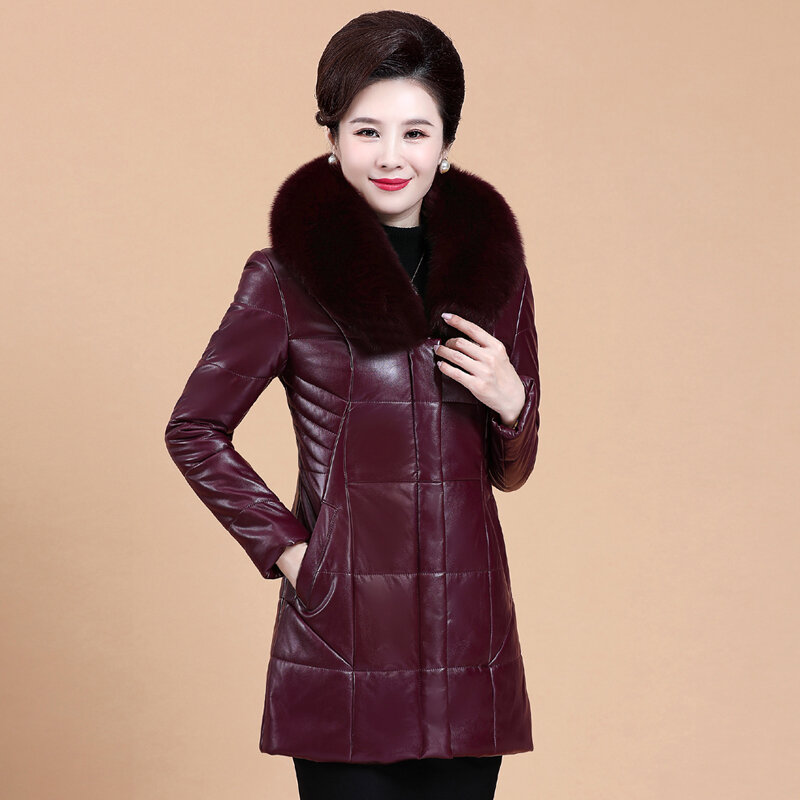 L-8XL Mother Leather Coat Winter New Fashion Woman Overcoat Fur Collar Sheepskin Tops Jacket Thicken Warm Long Outerwear Female