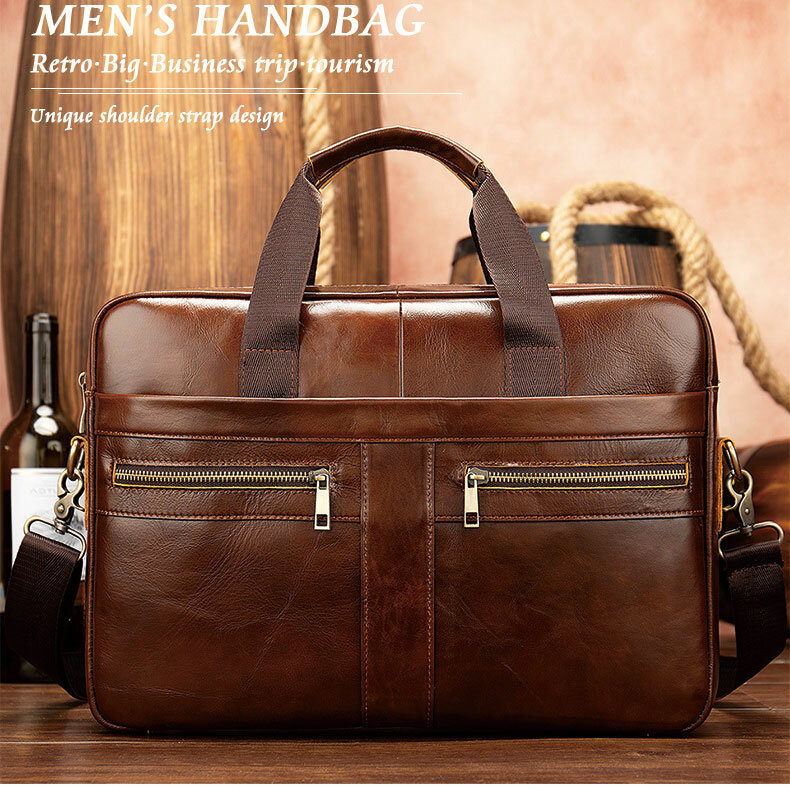 Bolsa de couro natural masculina, pasta mensageiro para homens de negócios, pasta de couro genuíno masculina, bolsa para laptop
