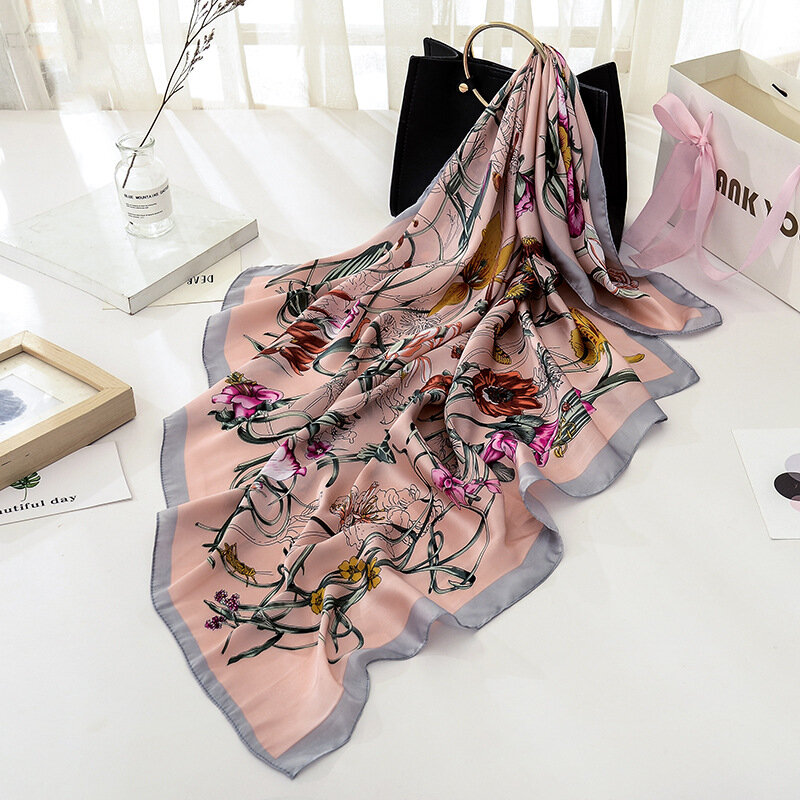Новый Модный Шелковый цветной цветочный квадратный шарф 90*90 см, женский шейный ободок для волос, мягкий шейный платок, хиджаб, платок для волос