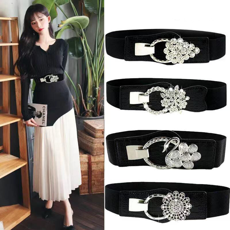 Luxury Diamond-Studded Buckle Women's Elastic Girdle A Variety Of Buckle Alloy Buckle Wide With Coat Dress Wearing Waistband New