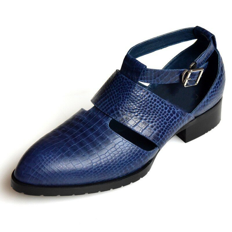 Homens oco para fora apontou moda dedo do pé fivela sandálias genuínas bloco saltos masculinos roma gladiador sapatos de couro
