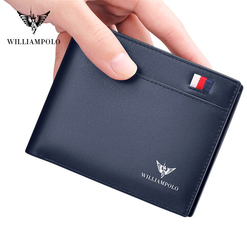 WILLIAMPOLO Men's Slim Wallet Genuine Leather Mini Purse Casual Design Wallet Fashion Brand Short Small Pouch Gift 181342